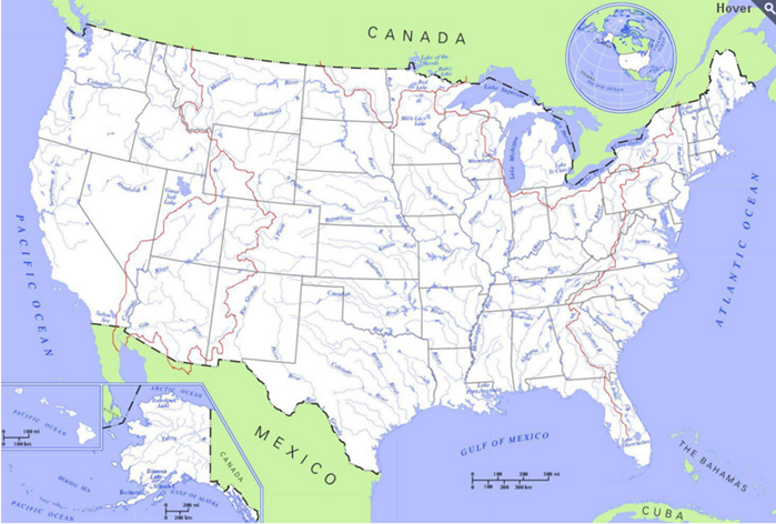 US Rivers and Lakes Map